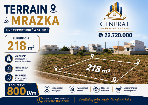 Terrain à Vendre à Mrazka – 218 m² | Une Opportuni